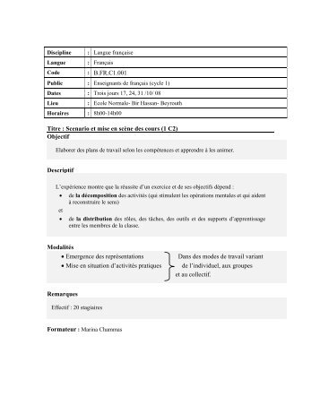 : B.FR.C1.001 Titre : Scenario et mise en scène des cours (1 ... - CRDP