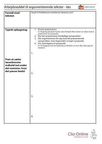 Arbejdsseddel til argumenterende tekster - læs - Danskfaget