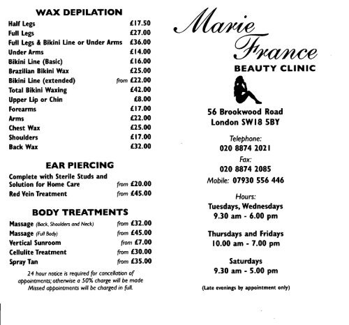 Download Our Latest Price List - Marie France Beauty Clinic