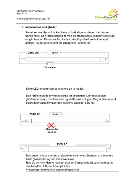 1. Installations muligheder Armaturer med lysstofrør kan ... - ClimaCare