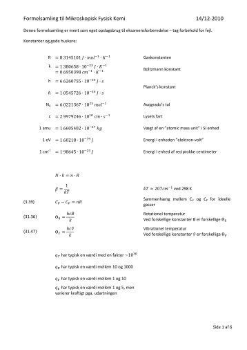 Formelsamling til Mikroskopisk Fysisk Kemi 14/12-2010