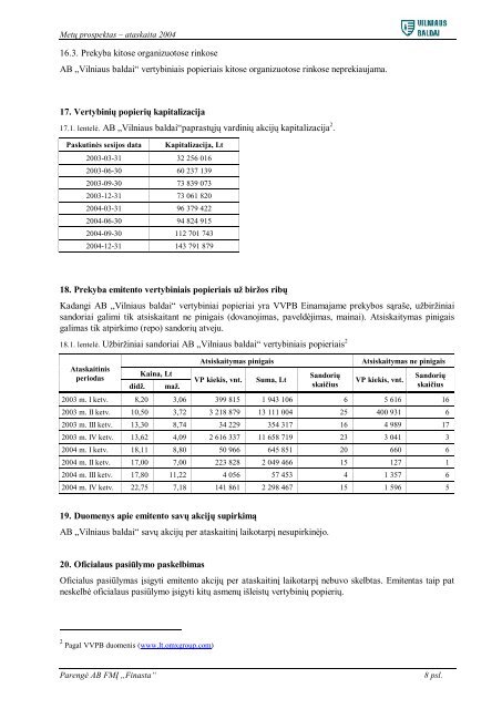 AB „Vilniaus baldai“ Metų prospektas – ataskaita 2004