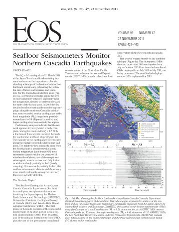 Seafloor Seismometers Monitor Northern Cascadia Earthquakes