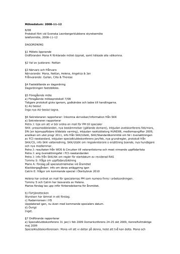Styrelseprotokoll 2008-11-12 - Svenska Leonbergerklubben