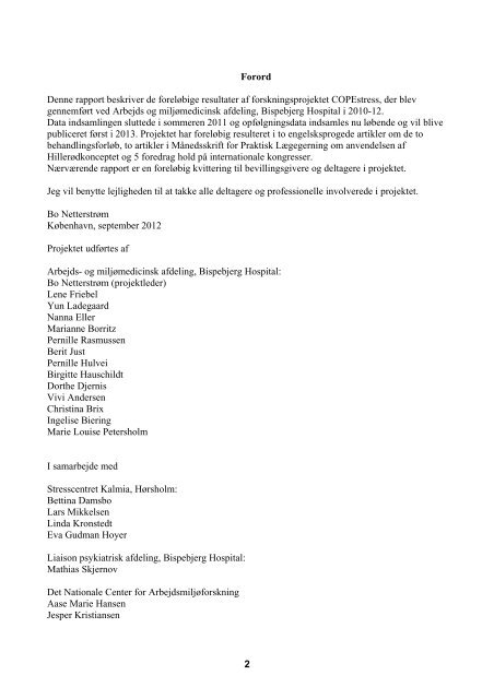 Rapport over Copestress-projektet - Bispebjerg Hospital
