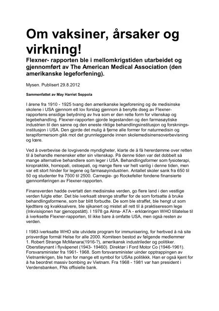 Om vaksiner, årsaker og virkning! Flexner- rapporten ble i ...