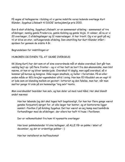 Klünder, Sygehus Lillebælt til DSOG´sarbejdsmiljø pris 2010