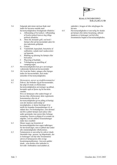 Ordensreglement for Gisseløre Lystbådehavn - Kalundborg Sejlklub