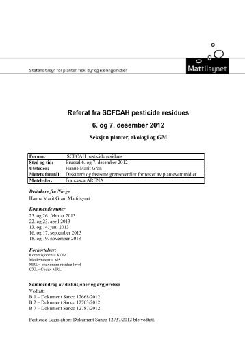 Referat fra SCFCAH rester av plantevernmidler i mat - Mattilsynet