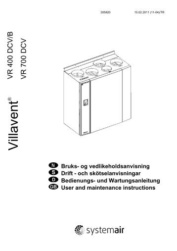 Air Handling Unit Systemair VR 400 DCV/B-700 DCV User manual