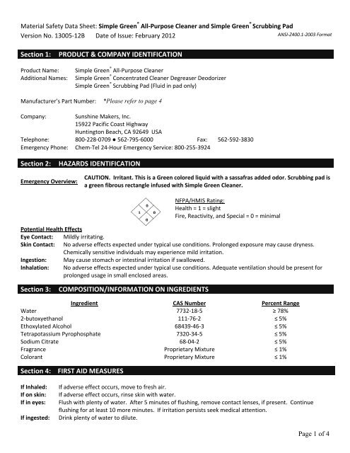 MSDS for Simple Green All-PurposeCleaner