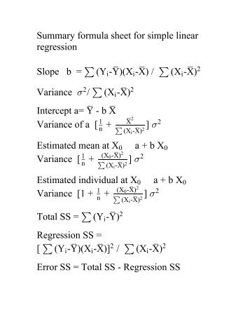 Summary formula sheet for simple linear ... - NCSU Statistics