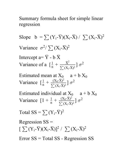 Summary formula sheet for simple linear ... - NCSU Statistics