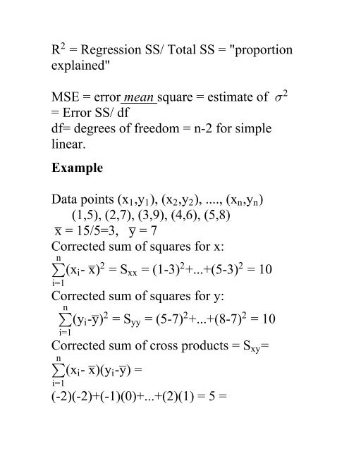 Summary formula sheet for simple linear ... - NCSU Statistics