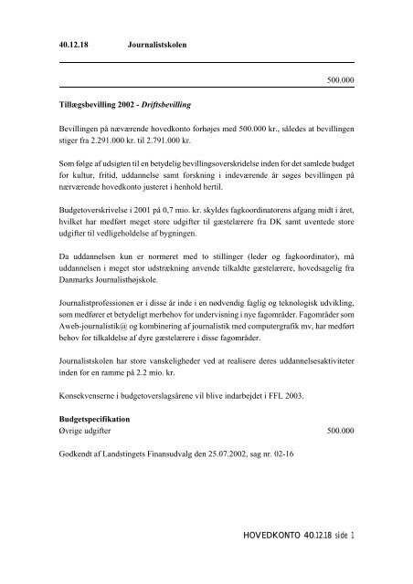 FORSLAG TIL LANDSTINGSTILLÆGS- BEVILLINGSLOV 2002