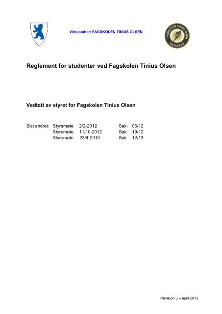 Reglement for studenter ved Fagskolen Tinius Olsen