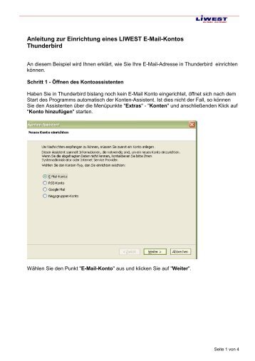 Anleitung zur Einrichtung eines LIWEST E-Mail-Kontos Thunderbird