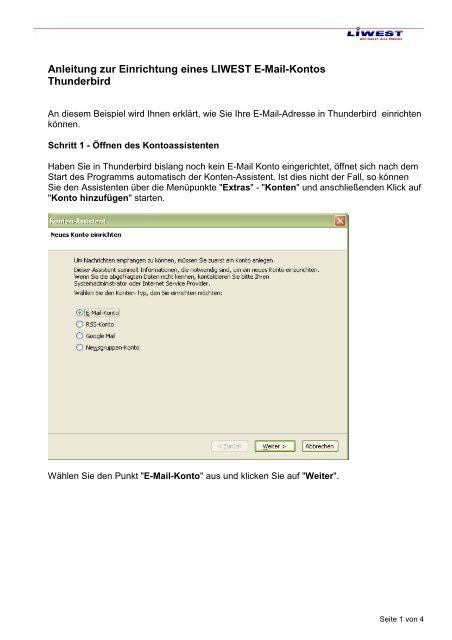 Anleitung zur Einrichtung eines LIWEST E-Mail-Kontos Thunderbird