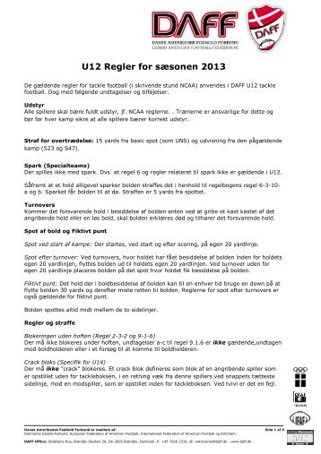 U12 Regler for sæsonen 2013 - Dansk Amerikansk Fodbold Forbund
