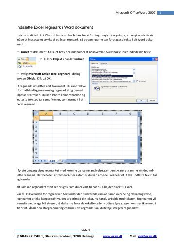 Indsætte Excel regneark i Word dokument - Gran