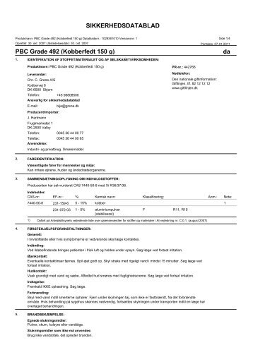 SIKKERHEDSDATABLAD da PBC Grade 492 (Kobberfedt 150 g)