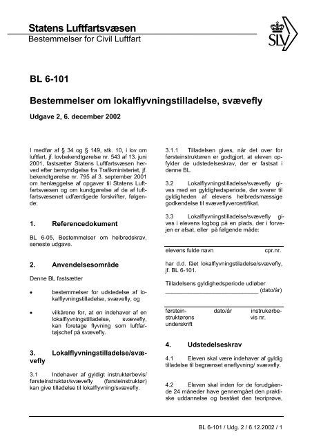 BL 6-101 Bestemmelser om lokalflyvningstilladelse, svævefly