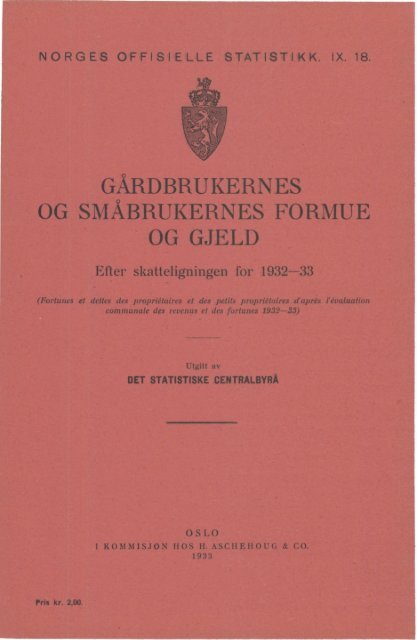 Gårdbrukernes og småbrukernes formue og gjeld. Efter ... - SSB
