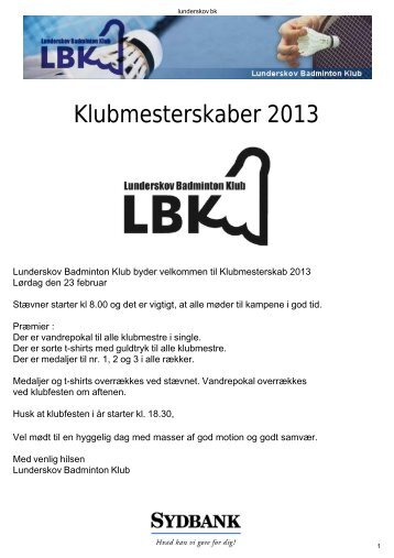 Program for Klubmesterskab 2013 - Lunderskov Badminton Klub