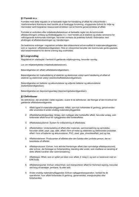 Regulativ for Erhvervsaffald Vesthimmerlands Kommune Januar 2013