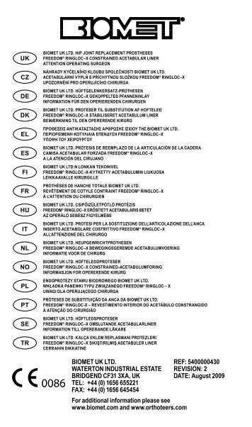 5400000430 REVISION: 2 DATE: August 2009 BIOmET UK LTD ...