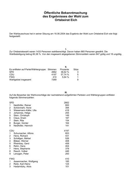 Öffentliche Bekanntmachung des Ergebnisses der ... - Andernach