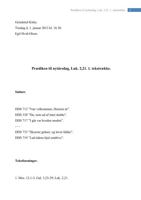 Prædiken til nytårsdag, Luk. 2,21. 1. tekstrække. - Grindsted Sogn