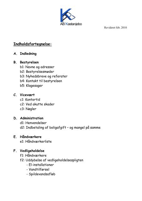 Indflyttermappe, A/B Kastanjebo