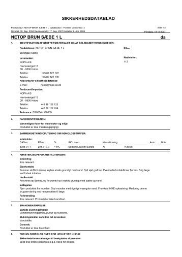 SIKKERHEDSDATABLAD da NETOP BRUN SÆBE 1 L