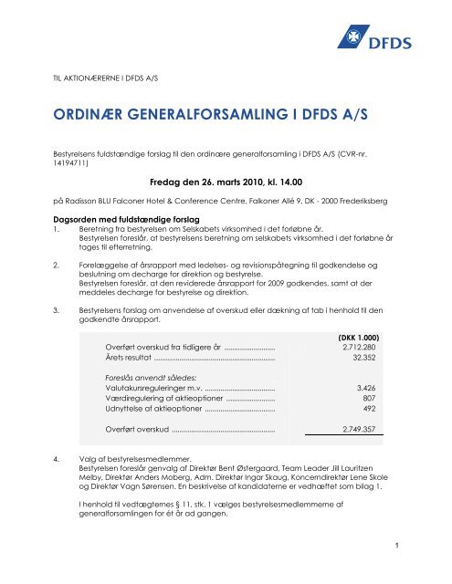 ORDINÆR GENERALFORSAMLING I DFDS A/S