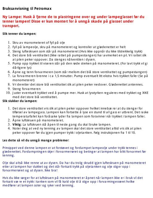 Petromax Bruksanvisning () Petromax Bruksanvisning