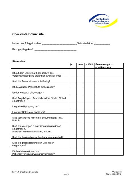 K1 11 1 Checkliste Dokuvisite Ambulante Pflege Angeln