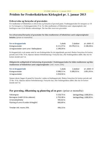 Prisliste for Frederikskirkens Kirkegård pr. 1. januar 2013