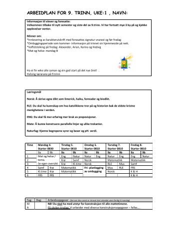 ARBEIDPLAN FOR 9. TRINN, UKE:1 , NAVN: - Minskole.no