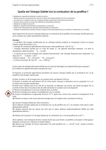 Quelle est l'énergie libérée lors la combustion de la paraffine ?