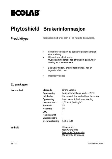 Phytoshield Brukerinformasjon - Ecolab
