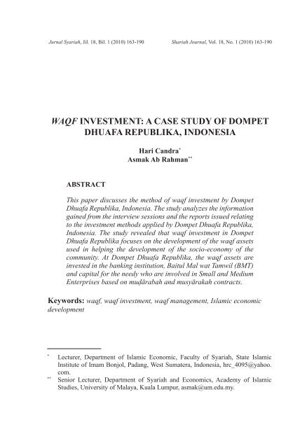Waqf Investment A Case Study Of Dompet Dhuafa Republika Indonesia