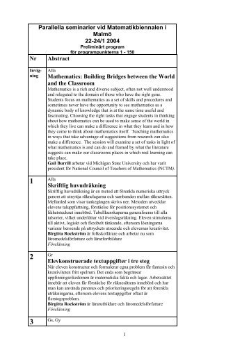 Parallella seminarier vid Matematikbiennalen i ... - Malmö högskola