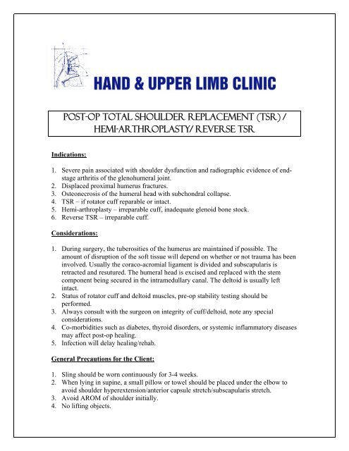 Post-Op Total Shoulder Replacement (TSR) / Hemi-Arthroplasty 