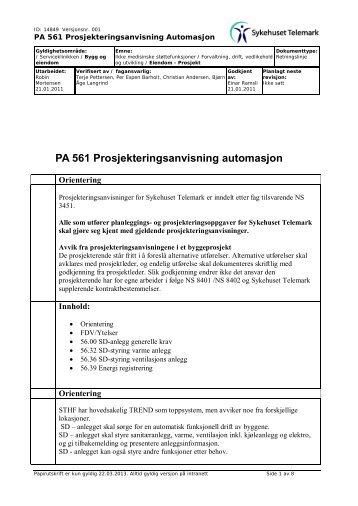 PA 561 Prosjekteringsanvisning automasjon - Sykehuset Telemark