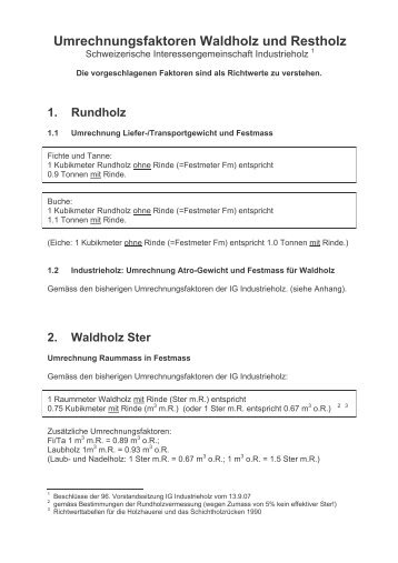 Umrechnungsfaktoren Waldholz und Restholz - Industrieholz