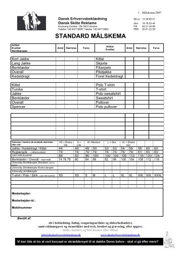 STANDARD MÅLSKEMA - Dansk Erhvervsbeklædning