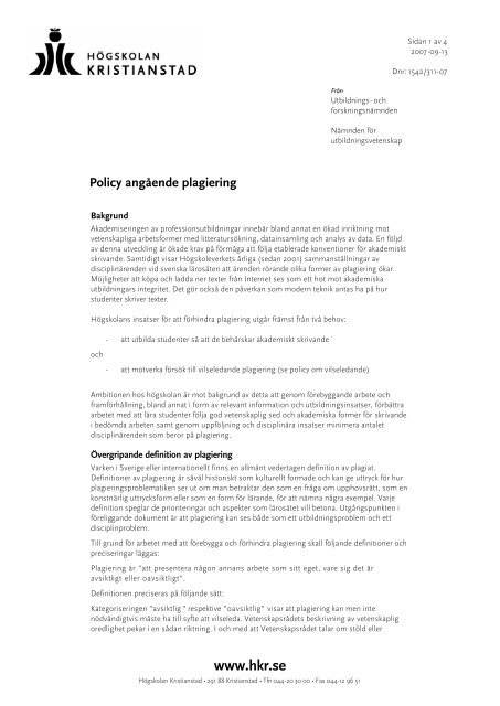 Plagiering (PDF-dokument, 36 kB) - Högskolan Kristianstad