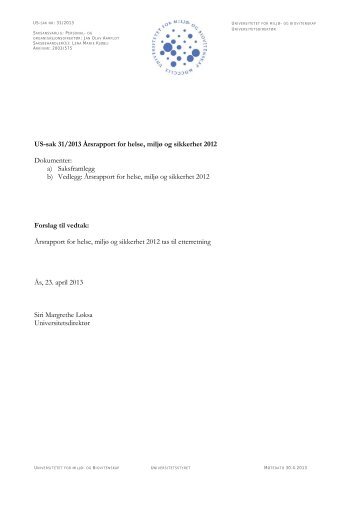 US-sak 31/2013 Årsrapport for helse, miljø og sikkerhet 2012 ... - UMB