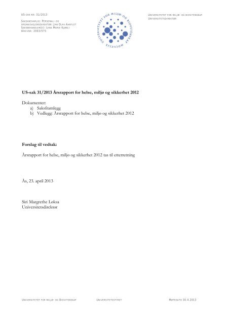 US-sak 31/2013 Årsrapport for helse, miljø og sikkerhet 2012 ... - UMB